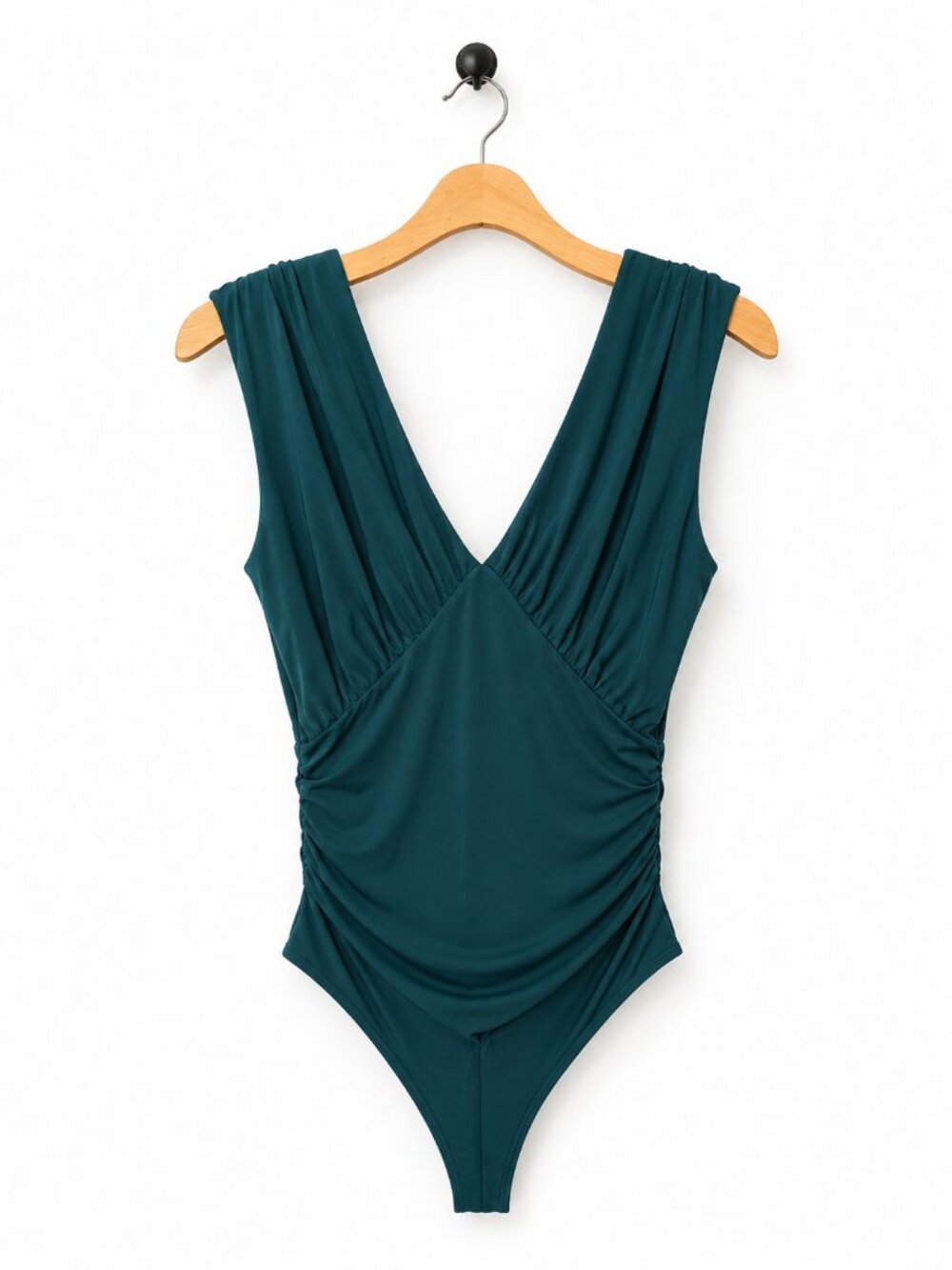 Express Body Contour Emerald Green Sculpt Ruched V Neck Bodysuit M NWT - Picture 2 of 6